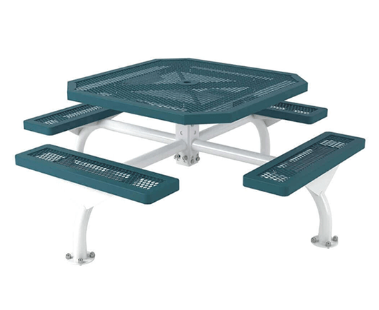 Hexagon expanded metal web frame picnic table with white surface mount legs for commercial playgrounds, parks, and schools